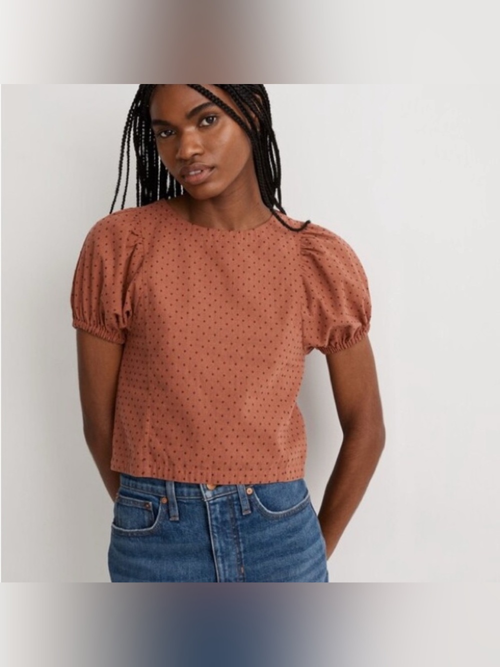 Madewell Jacquard Puff-Sleeve Top, Micro Cross, Cropped, Size 2, Style N1350